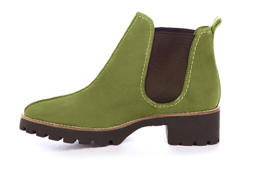 Pistachio green and chocolate brown women's ankle boots, with elastics. Round toe. Low rubber soles. Profile view - Florence KOOIJMAN